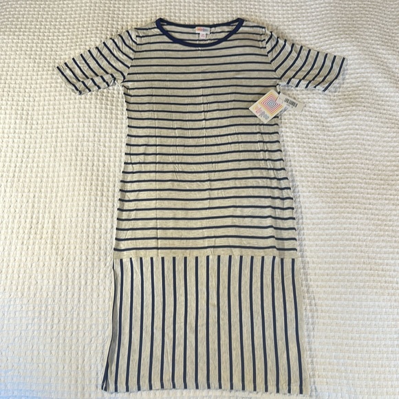 LuLaRoe Women’s Julia Dress/Size: Medium/Color: Gray-Navy Blue Striped (NWT) - Picture 1 of 10